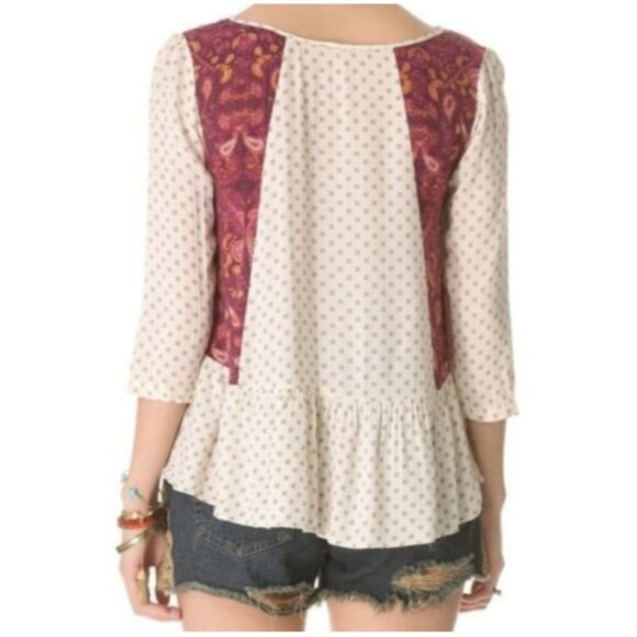 Free People Cream & Burgundy Gauzy Floral Boho Peplum Top size XS - Picture 3 of 14